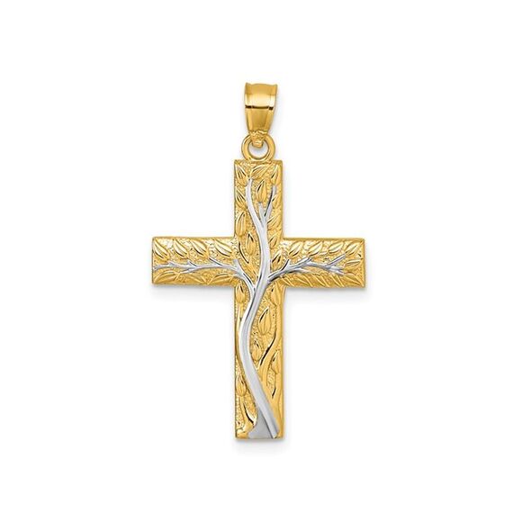14K Yellow and White Gold Floral Tree with Leaves Cross Pendant (NO CHAIN)